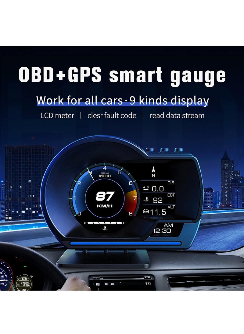 A500 Car HUD Display, OBD+GPS Smart Gauge High Definition Speedometer Car Diagnostic Tool, OBD Fault Code Elimination Safe Driving Computer, Overspeed Fault Alarm, for All Vehicles