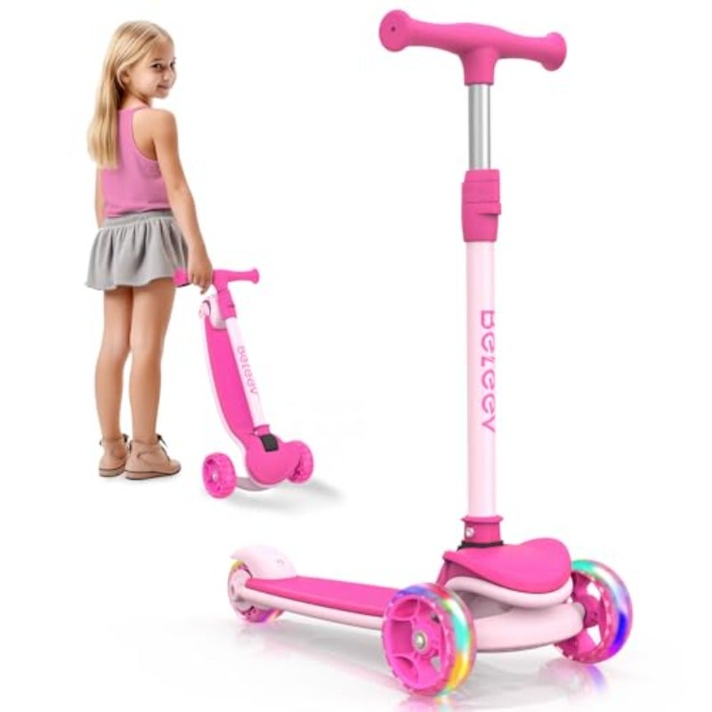 A8 3-Wheel Folding Scooter for Ages 3-12 LED Light-Up Wheel For Toddlers Girls and Boys 4 Adjustable Heights Lean-to-Steer Control Extra-Wide Wheels for Stable Rides - Image 1