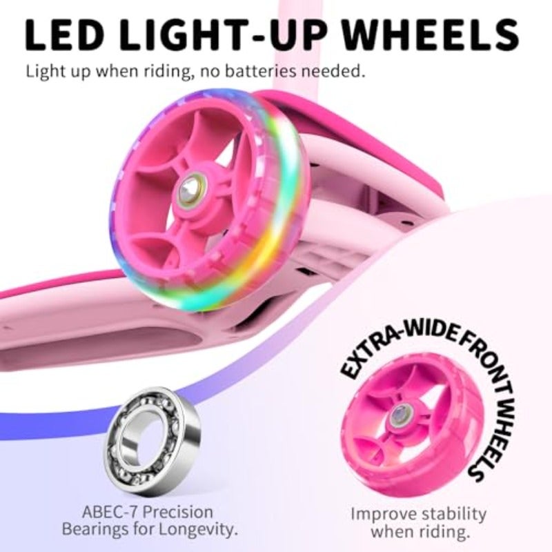 A8 3-Wheel Folding Scooter for Ages 3-12 LED Light-Up Wheel For Toddlers Girls and Boys 4 Adjustable Heights Lean-to-Steer Control Extra-Wide Wheels for Stable Rides - Image 5