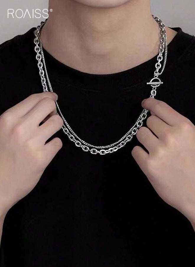 رويس قلادة مزدوجة الطبقات من الفولاذ التيتانيوم للرجال، سلسلة قلادة عصرية غير رسمية للجنسين، إكسسوار مجوهرات بسيط للهوديز، أزياء الشارع، مضادة للحساسية، للارتداء اليومي - Image 4