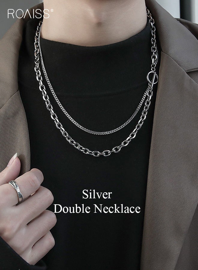 رويس قلادة مزدوجة الطبقات من الفولاذ التيتانيوم للرجال، سلسلة قلادة عصرية غير رسمية للجنسين، إكسسوار مجوهرات بسيط للهوديز، أزياء الشارع، مضادة للحساسية، للارتداء اليومي - Image 1