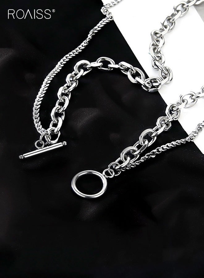 رويس قلادة مزدوجة الطبقات من الفولاذ التيتانيوم للرجال، سلسلة قلادة عصرية غير رسمية للجنسين، إكسسوار مجوهرات بسيط للهوديز، أزياء الشارع، مضادة للحساسية، للارتداء اليومي - Image 3