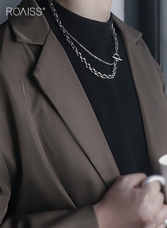 رويس قلادة مزدوجة الطبقات من الفولاذ التيتانيوم للرجال، سلسلة قلادة عصرية غير رسمية للجنسين، إكسسوار مجوهرات بسيط للهوديز، أزياء الشارع، مضادة للحساسية، للارتداء اليومي - Image 2