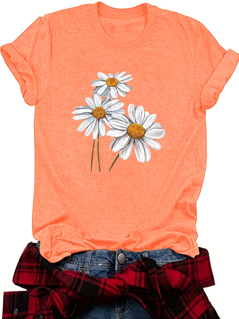 summer women's plant flower pattern round neck short sleeve casual fashion explosion T-shirt - Image 1