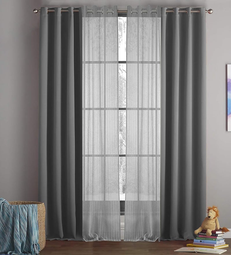 CASABLEU Casableu Long Room Darkening Blackout Curtain Combo 4 Piece 2 Piece of Sunblock Grey and 2 Piece of Kobe Sheer Stripe Grey in Eyelet Grommet Draperies Design for Door Window 9 Ft H 