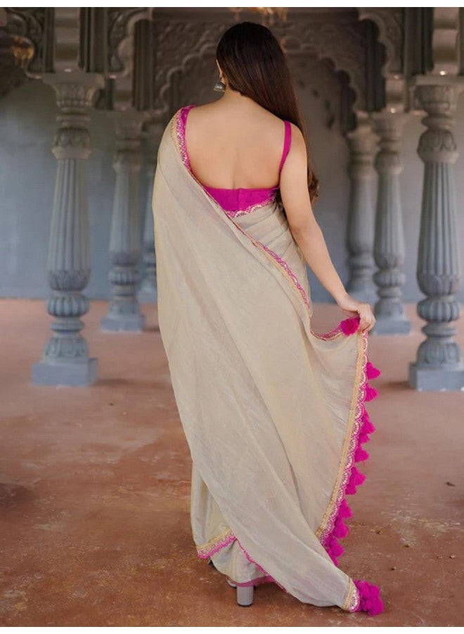 Satrani Women's Lace & Tassels Net Saree (4001S331N_Beige) - Image 3