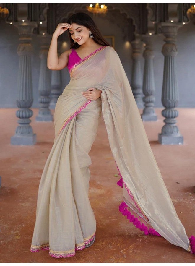 Satrani Women's Lace & Tassels Net Saree (4001S331N_Beige) - Image 2