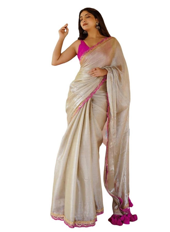 Satrani Women's Lace & Tassels Net Saree (4001S331N_Beige) - Image 1