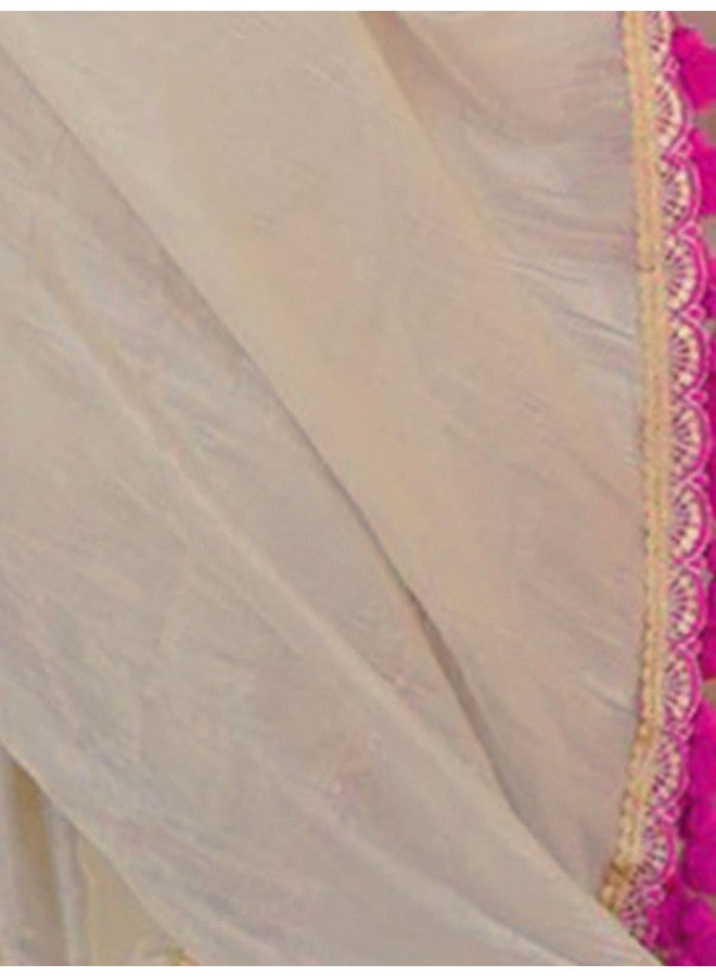 Satrani Women's Lace & Tassels Net Saree (4001S331N_Beige) - Image 5