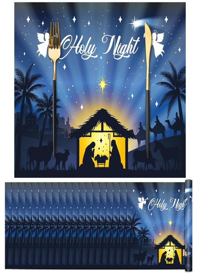 OBUSATT 100Pcs Christmas Paper Placemats Holy Night Place Mat Nativity Scene Disposable Blue Table Mats Jesus Birth Kitchen Placemat for Holiday Winter Party Dining Table Decoration 15.7 x 11.8in - Image 1