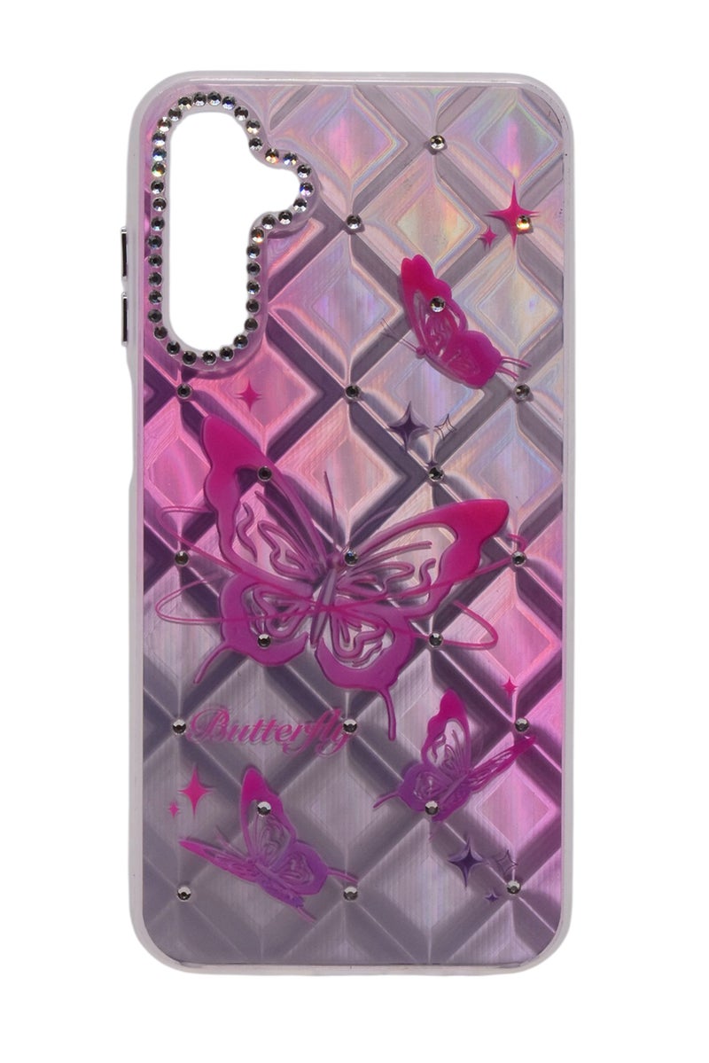 CFS TPU Butterflies Printed Back Cover Case with Rhinestone Camera Border For Samsung Galaxy A15 - Pink Transparent - Image 1