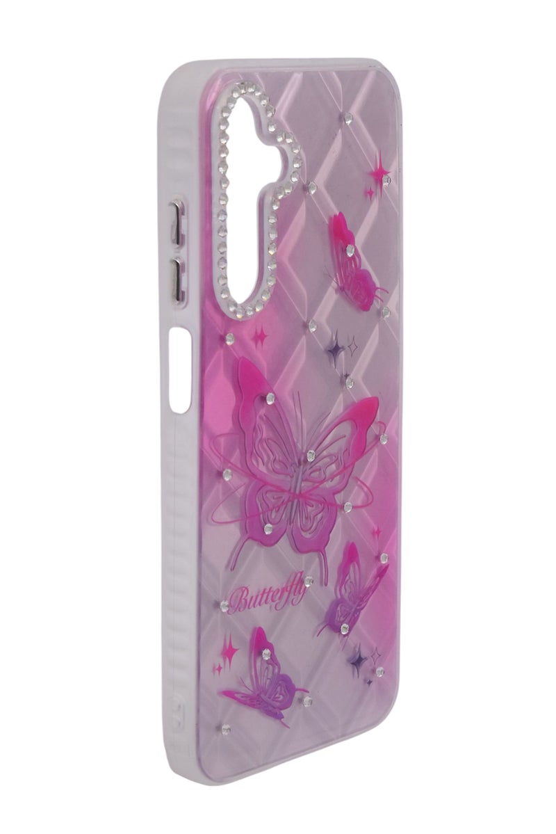 CFS TPU Butterflies Printed Back Cover Case with Rhinestone Camera Border For Samsung Galaxy A15 - Pink Transparent - Image 2
