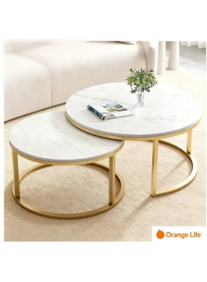Orange Life Coffee Table Set Round Nesting Coffee Tables Marble Pattern Living Room Table Modern Center Table Metal Frame Nano Gold Legs Sofa Side Table Minimalist Furniture Set for Living Room Apartment Lounge Home Decor - Image 3