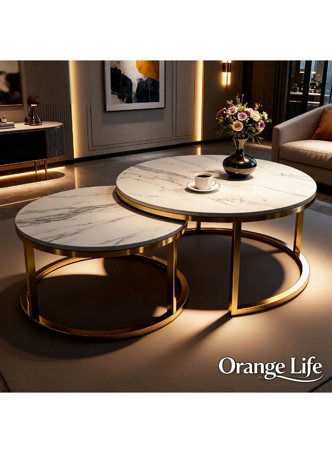 Orange Life Coffee Table Set Round Nesting Coffee Tables Marble Pattern Living Room Table Modern Center Table Metal Frame Nano Gold Legs Sofa Side Table Minimalist Furniture Set for Living Room Apartment Lounge Home Decor - Image 4