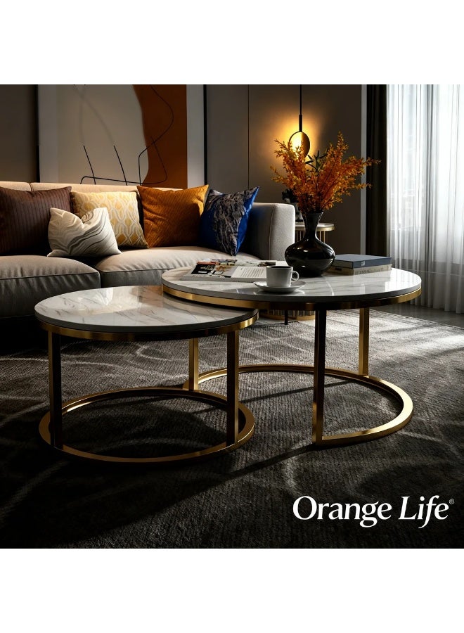 Orange Life Coffee Table Set Round Nesting Coffee Tables Marble Pattern Living Room Table Modern Center Table Metal Frame Nano Gold Legs Sofa Side Table Minimalist Furniture Set for Living Room Apartment Lounge Home Decor - Image 2