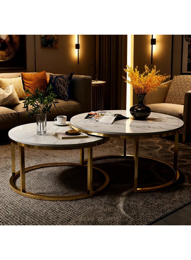 Orange Life Coffee Table Set Round Nesting Coffee Tables Marble Pattern Living Room Table Modern Center Table Metal Frame Nano Gold Legs Sofa Side Table Minimalist Furniture Set for Living Room Apartment Lounge Home Decor - Image 1