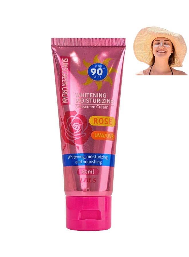 ليبليس تبييض كريم واقي شمسي مرطب 60 مل ، كريم واقي شمسي ورد Spf 90 + حماية عالية من الأشعة فوق البنفسجية بالإضافة إلى واقي شمسي حساس للجلد منعش للشمس الكتلة العناية بالبشرة ، إضاءة تبييض الوجه لوشن واقي شمسي - Image 1