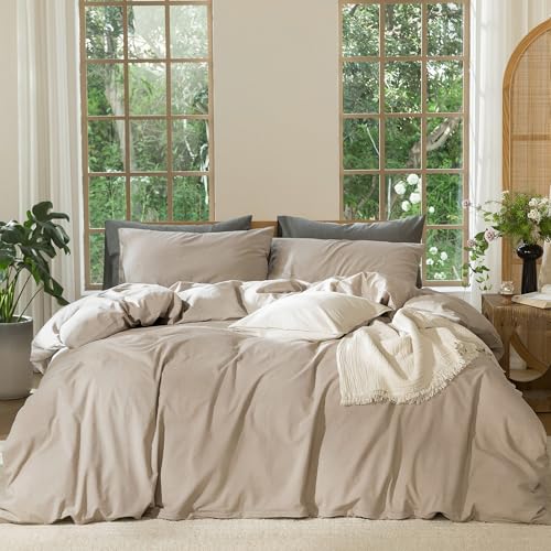 MooMee Bedding Duvet Cover Set 100% Washed Cotton Linen Like Textured Breathable Durable Soft Comfy (Heathered Taupe, Full 80"x90") - Image 1