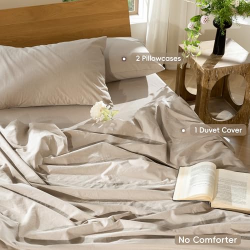 MooMee Bedding Duvet Cover Set 100% Washed Cotton Linen Like Textured Breathable Durable Soft Comfy (Heathered Taupe, Full 80"x90") - Image 2