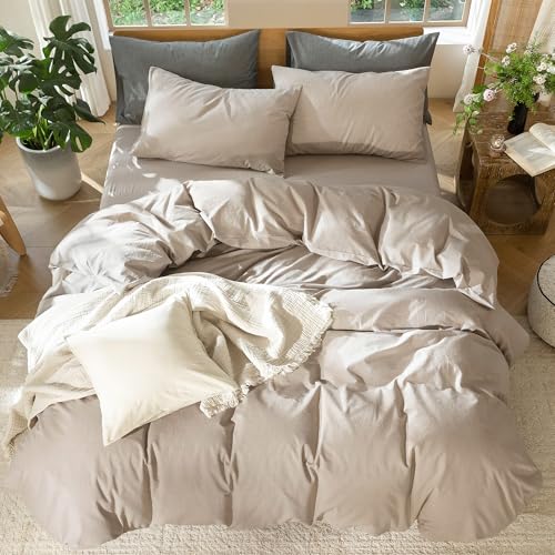 MooMee Bedding Duvet Cover Set 100% Washed Cotton Linen Like Textured Breathable Durable Soft Comfy (Heathered Taupe, Full 80"x90") - Image 5