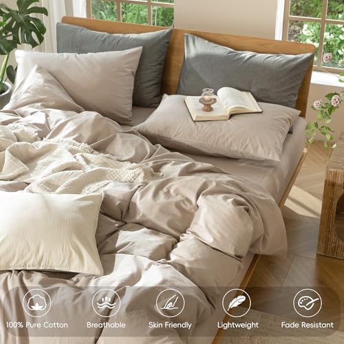 MooMee Bedding Duvet Cover Set 100% Washed Cotton Linen Like Textured Breathable Durable Soft Comfy (Heathered Taupe, Full 80"x90") - Image 4
