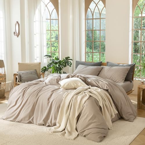 MooMee Bedding Duvet Cover Set 100% Washed Cotton Linen Like Textured Breathable Durable Soft Comfy (Heathered Taupe, Full 80"x90") - Image 3