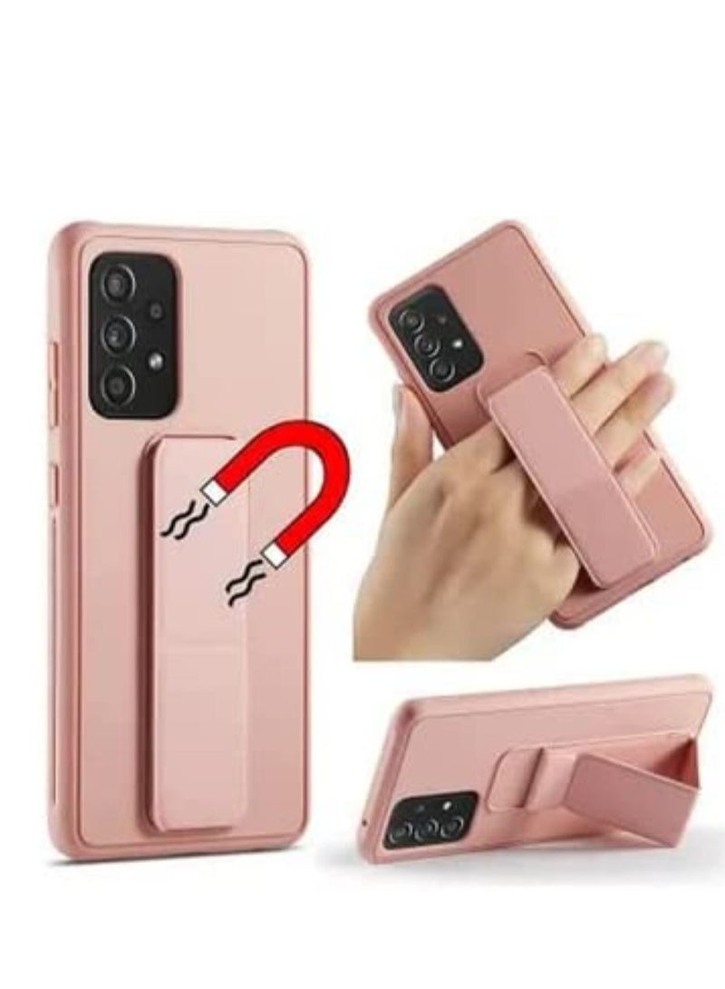 glassology حافظة شفافة لجهاز سامسونج جالاكسي A73 مع حامل مغناطيسي ومثبت، حزام يد عمودي وأفقي من السيليكون الفاخر، حامل متعدد، مثبت للسيارة، حزام إصبع + واقي شاشة (وردي) - Image 4