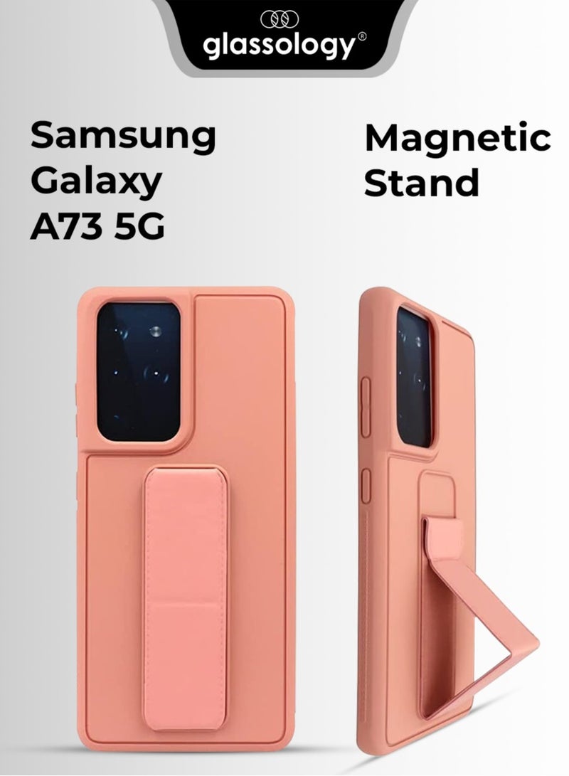 glassology حافظة شفافة لجهاز سامسونج جالاكسي A73 مع حامل مغناطيسي ومثبت، حزام يد عمودي وأفقي من السيليكون الفاخر، حامل متعدد، مثبت للسيارة، حزام إصبع + واقي شاشة (وردي) - Image 1