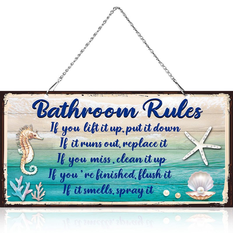 Jetec Seashell Bathroom Rules Decor Signs Wall Ocean Theme Beach Seashell Starfish Decor for Metal Sign Hanging Wall Funny Bathroom Rules Art Decorative Blue and White12 x 6 Inches 
