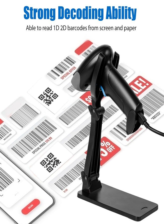 Rabitpos QR Code Scanner with Foldable Stand, 1D 2D Barcode Scanner 2.4G Wireless & USB Wired Connection, Handheld CMOS Image Bar Code Reader for Warehouse Library Supermarket - Image 3