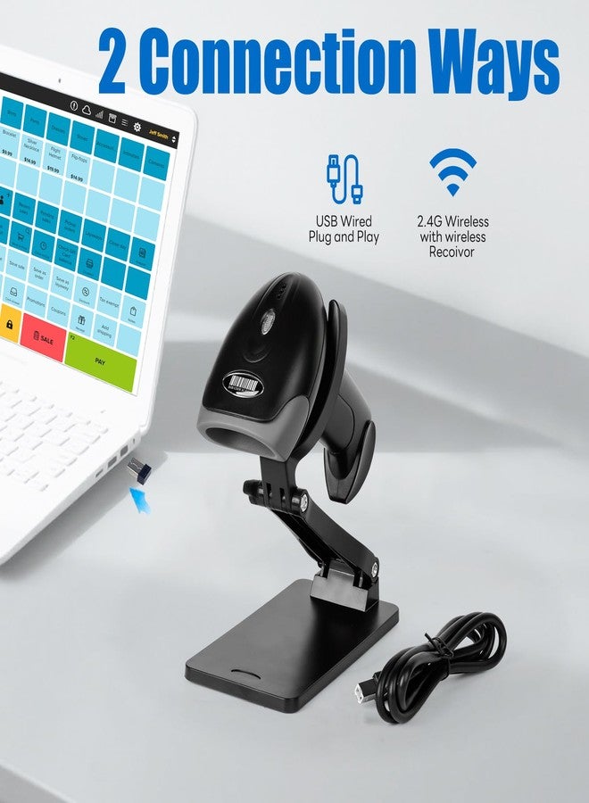Rabitpos QR Code Scanner with Foldable Stand, 1D 2D Barcode Scanner 2.4G Wireless & USB Wired Connection, Handheld CMOS Image Bar Code Reader for Warehouse Library Supermarket - Image 2