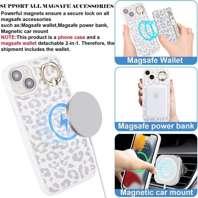 DEYHU for iPhone 15 Phone case with Card Holder with Compatible magsafe Magnetic, Key Chain PU Leather Flip Kickstand Detachable 2-in-1 Wallet case for Apple15 Women Men-White Leopard - Image 2