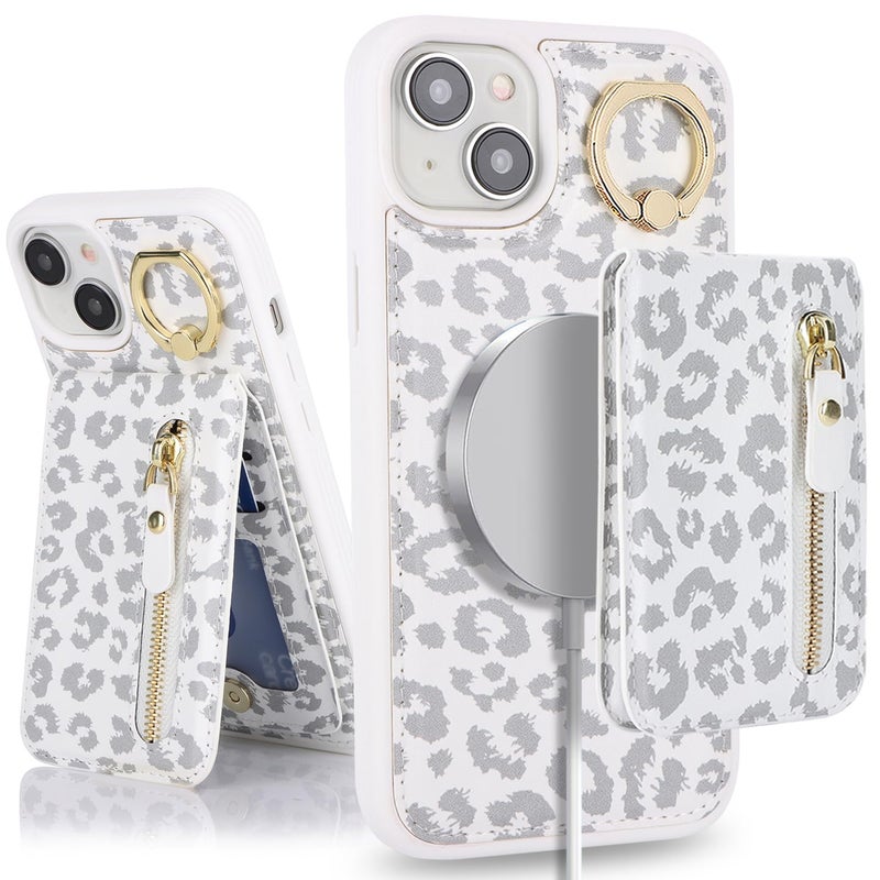 DEYHU for iPhone 15 Phone case with Card Holder with Compatible magsafe Magnetic, Key Chain PU Leather Flip Kickstand Detachable 2-in-1 Wallet case for Apple15 Women Men-White Leopard - Image 1