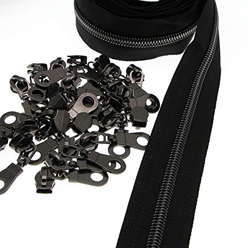 SHUNLI #5 Black Nickel Zippers by The Yard Bulk Metallic Nylon Coil Zipper Tape 10 Yards with 25Pcs Gunmetal Zipper Pulls for DIY Sewing Crafts Replacement Bags SHUNLI - Image 1