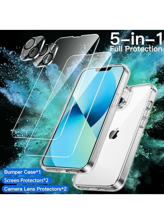 جي تيك جراب 5 في 1 لهاتف Iphone 13 Mini مقاس 5.4 بوصة مع قطعتين من واقي الشاشة وقطعتين من واقي عدسة الكاميرا غير قابل للاصفرار وغطاء كامل من الزجاج المقوى المقاوم للصدمات لهاتف شفاف - Image 2