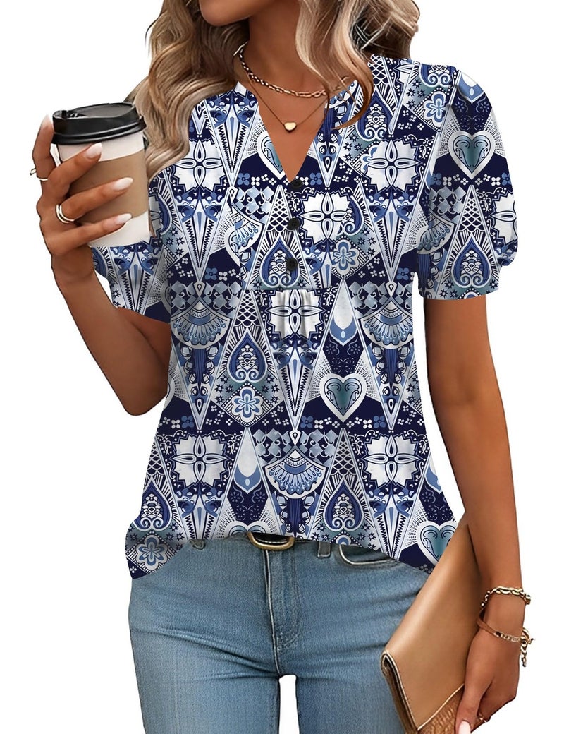 IECCP Ladies Tops and Blouses V Neck Short Sleeve Work Tops Button Front Dressy Casual Blouses Tunic (Geometry Print,L) - Image 1
