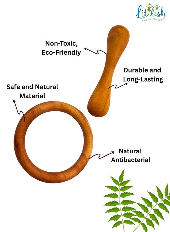 Litilish Organic Neem Wood Teether Combo for Babies - 1 Ring Rattler, 1 Dumbbell & 1 Teething Ring_ Pack of 3 Safe Natural Wooden Toys for 3-12 Months | Handcrafted & Eco-Friendly | wooden teethers for 6 to 12 months - Image 2