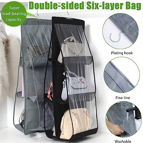 Coolkart 6 Pocket Clear Purse Handbags Organizer Door Closet Shelf Hanging Storage Bag Grey Black Combo - Image 3