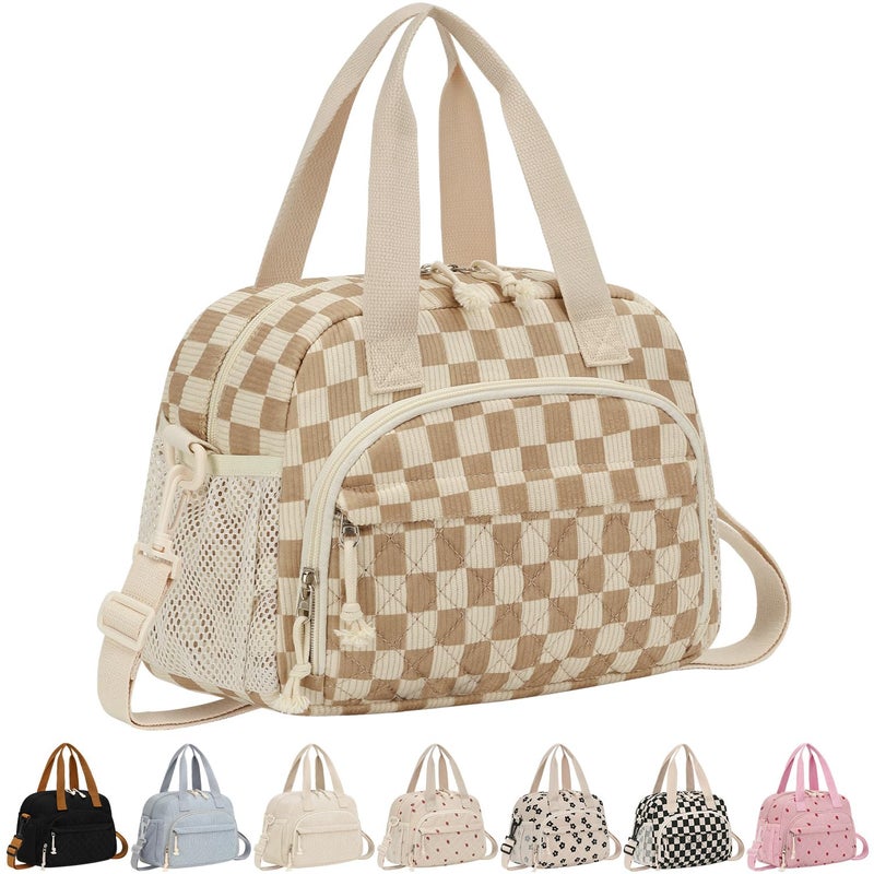 ELONGRIVER Corduroy Insulated Lunch Bag for Women Teen Girls, Portable Adult Lunch Box, Reusable Tote Cooler Bags, Lightweight Womens Lunch Bags with Front Pockets Work Picnic Travel,Khaki Checkered - Image 1