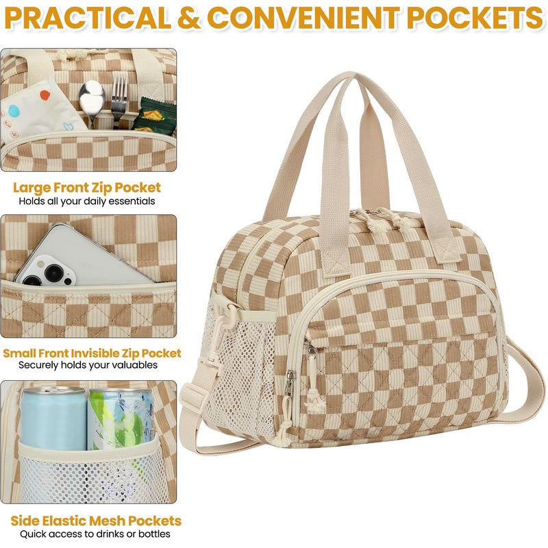 ELONGRIVER Corduroy Insulated Lunch Bag for Women Teen Girls, Portable Adult Lunch Box, Reusable Tote Cooler Bags, Lightweight Womens Lunch Bags with Front Pockets Work Picnic Travel,Khaki Checkered - Image 5