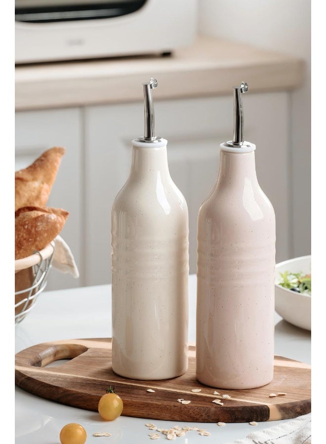 Famiware Jupiter Series 2 Pieces Ceramic Olive Oil Dispenser Bottle, Vanilla White and Light Pink - Image 1