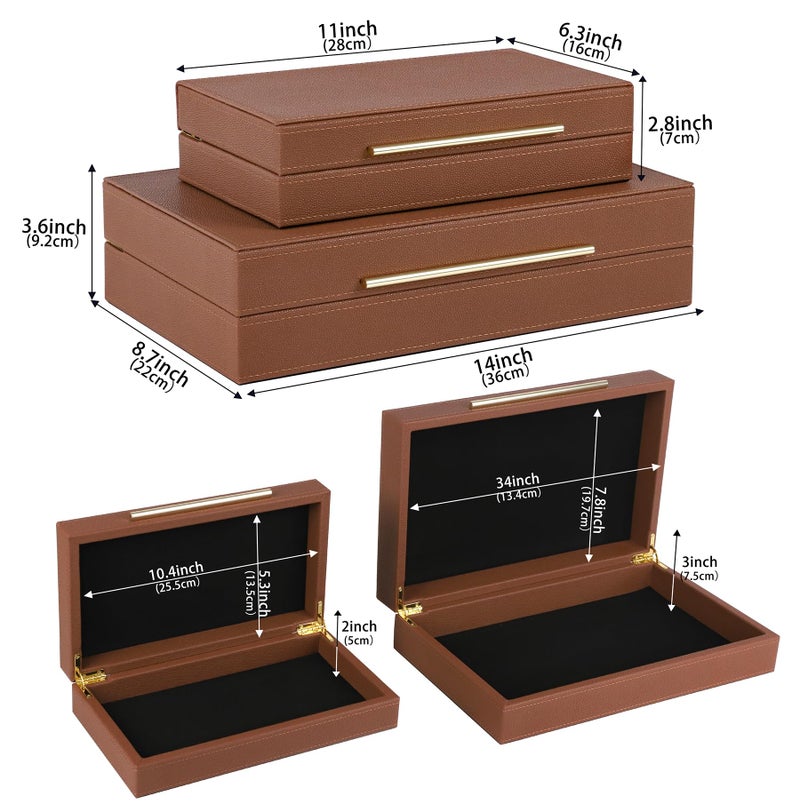 HofferRuffer Faux Leather Decorative Boxes Set of 2, Large Nesting Keepsake Box Accessory Organizer Jewelry Organizer with Hinged Lid, Stacking Storage Box Container for Home or Office (Brown) - Image 2