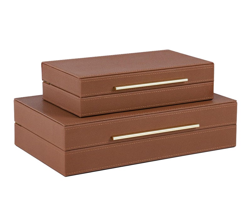 HofferRuffer Faux Leather Decorative Boxes Set of 2, Large Nesting Keepsake Box Accessory Organizer Jewelry Organizer with Hinged Lid, Stacking Storage Box Container for Home or Office (Brown) - Image 1