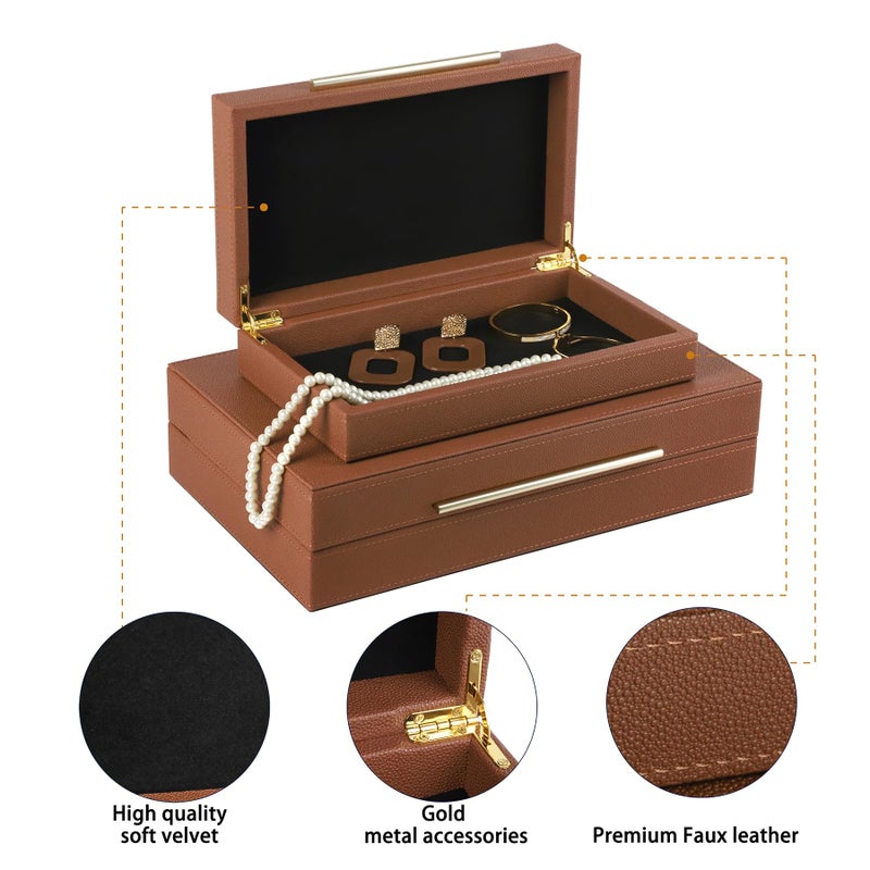 HofferRuffer Faux Leather Decorative Boxes Set of 2, Large Nesting Keepsake Box Accessory Organizer Jewelry Organizer with Hinged Lid, Stacking Storage Box Container for Home or Office (Brown) - Image 3