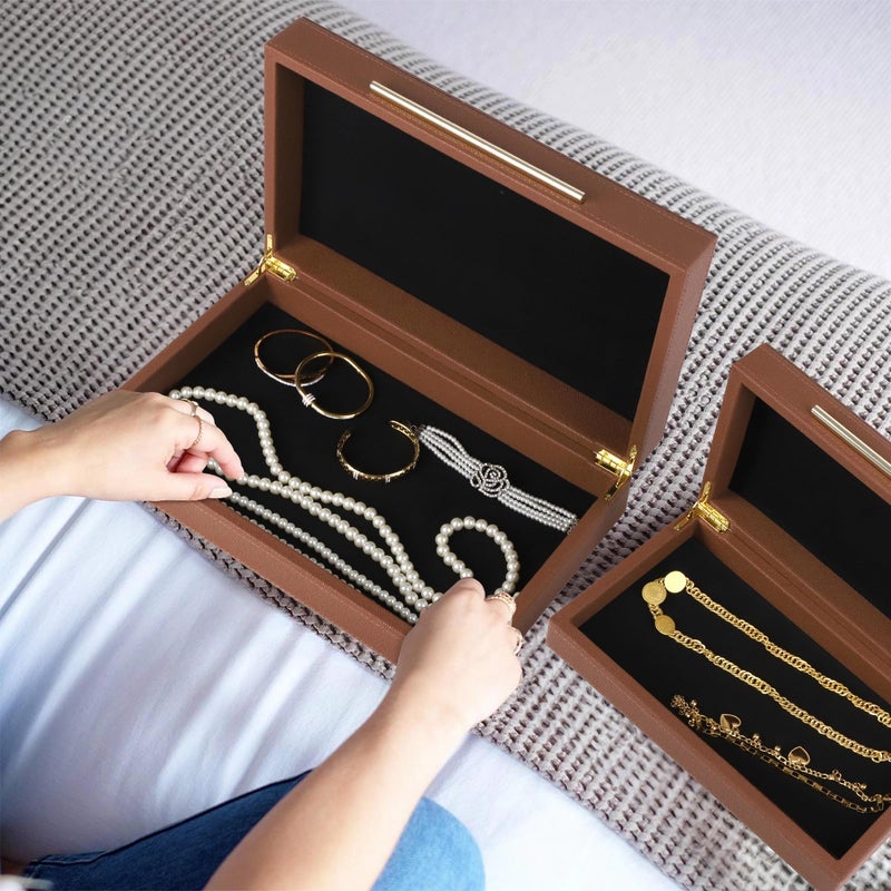 HofferRuffer Faux Leather Decorative Boxes Set of 2, Large Nesting Keepsake Box Accessory Organizer Jewelry Organizer with Hinged Lid, Stacking Storage Box Container for Home or Office (Brown) - Image 5