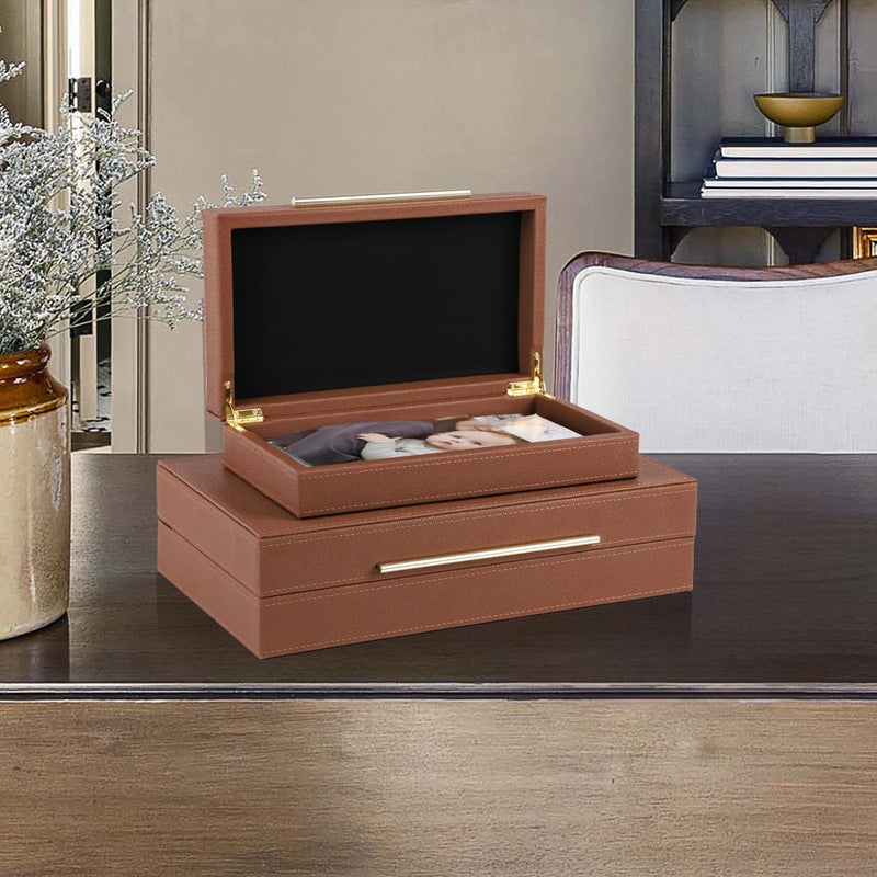 HofferRuffer Faux Leather Decorative Boxes Set of 2, Large Nesting Keepsake Box Accessory Organizer Jewelry Organizer with Hinged Lid, Stacking Storage Box Container for Home or Office (Brown) - Image 4