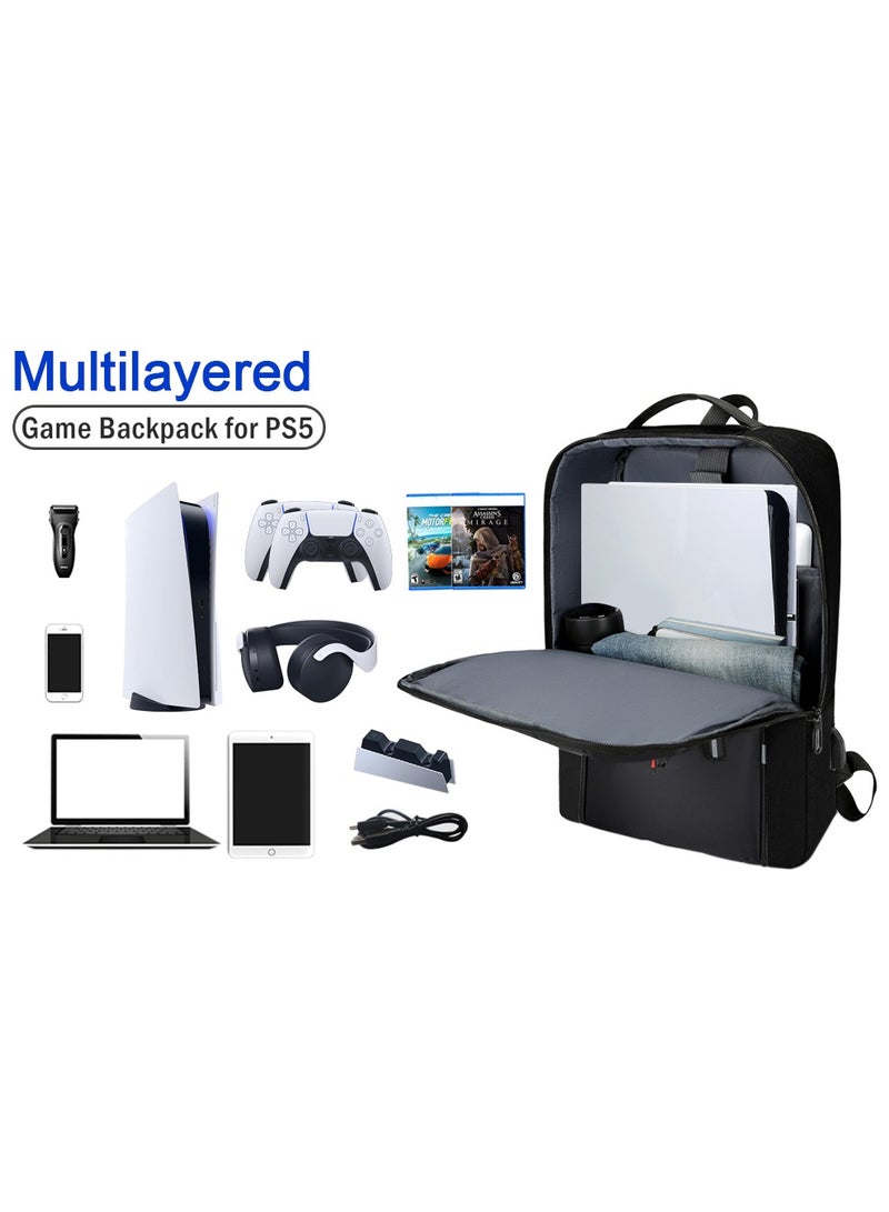 XICEN Game Console Backpack,Travel Backpack for PS5, Laptop Backpack with USB Charging Port Water Resistant College School Gaming Backpack Black  - Image 1