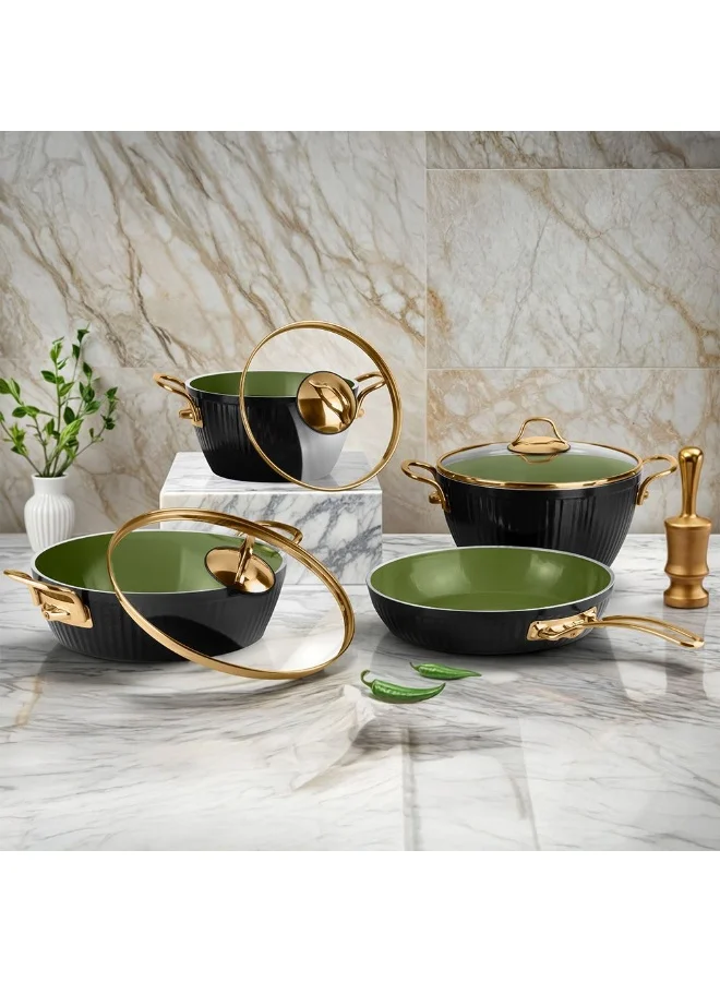 DANUBE HOME Lines 7-Piece Maya Cookware Set – Non-Stick Ceramic Coating, PFOA Free – Healthy Cooking Pots & Pans Set for Home, Kitchen, Induction & Gas Stove Compatible - Black