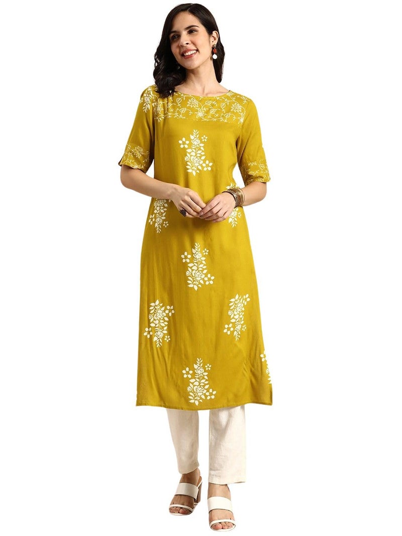 rytras Women's Printed Straight Kurta(RYT570,Mustard,XXL) - Image 1