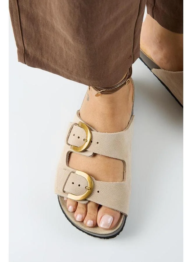 Fuga Women's Genuine Leather Double-Strap Nubuck Beige Slipper.